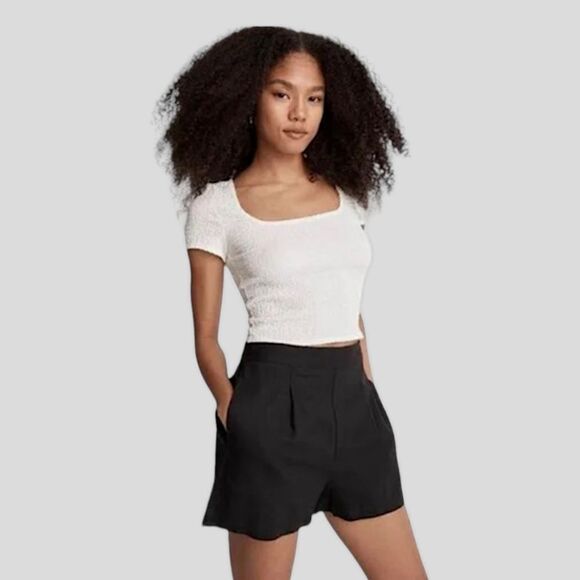 Madewell Linen High Elastic‎ Waist Flat Front Pull On Dress Shorts Black M NWT - Picture 13 of 13